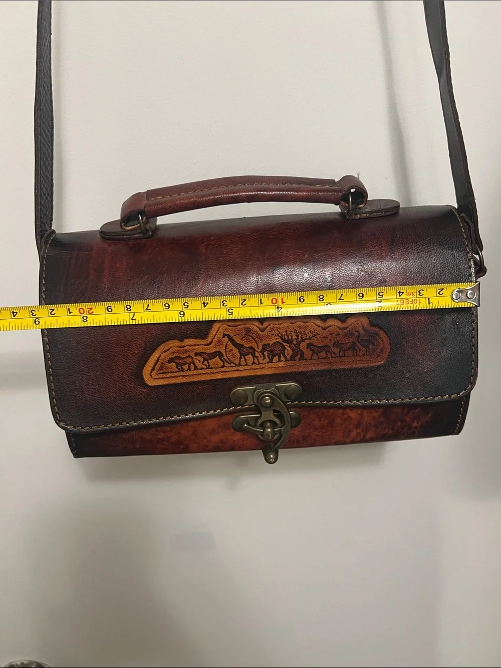 Gold Rock Brown Leather small Messenger Bag with Carved Wildlife Scene